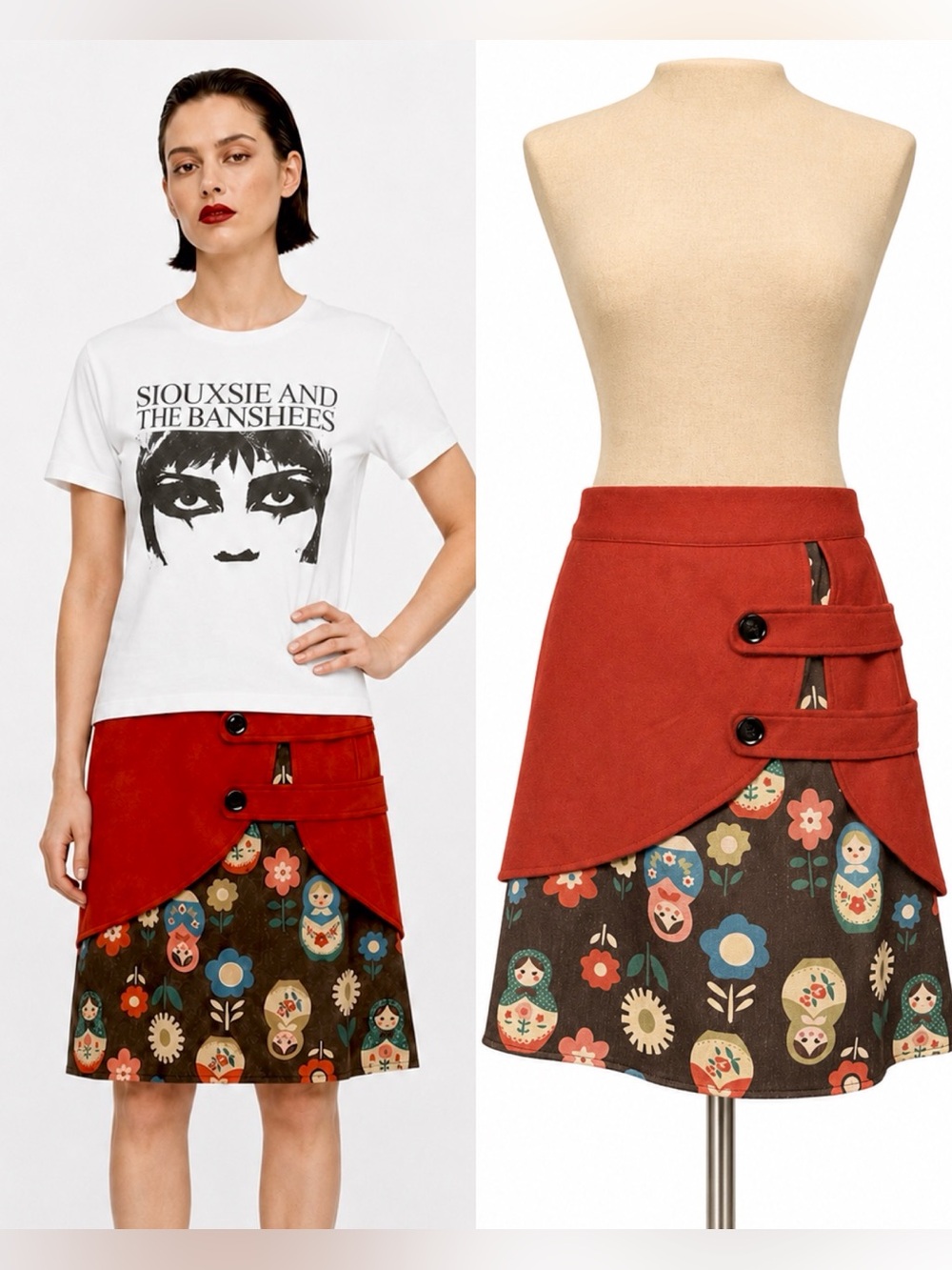 MissLook Russian nesting dolls, wool & print button strap asymmetrical skirt. M